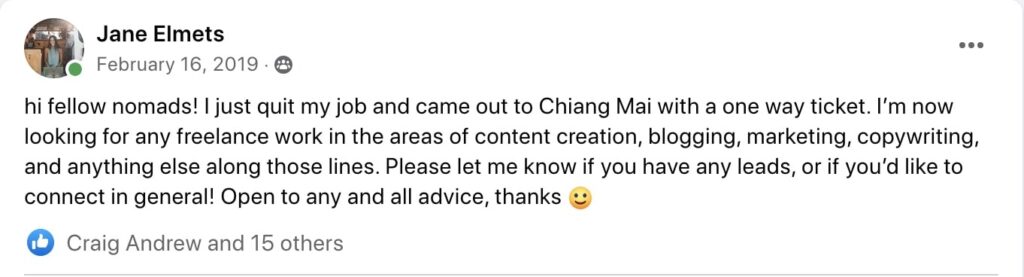 Post in digital nomad Facebook group asking for any writing work