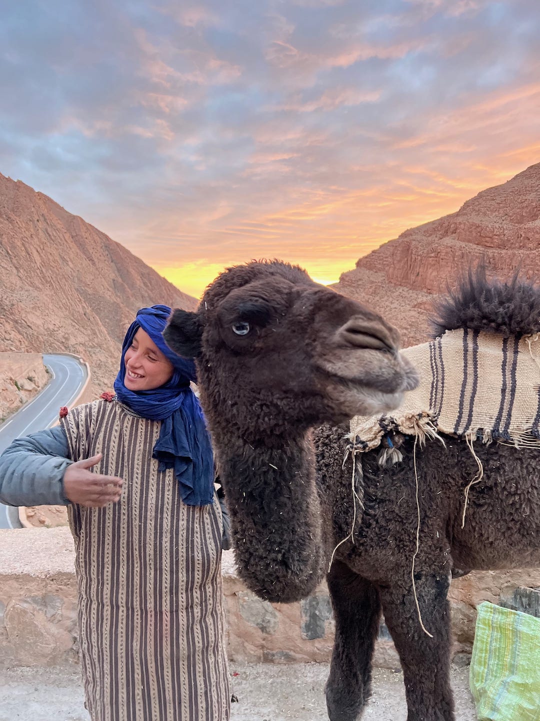 young boy in a blue turban with a young camel at sunset in dades gorge morocco