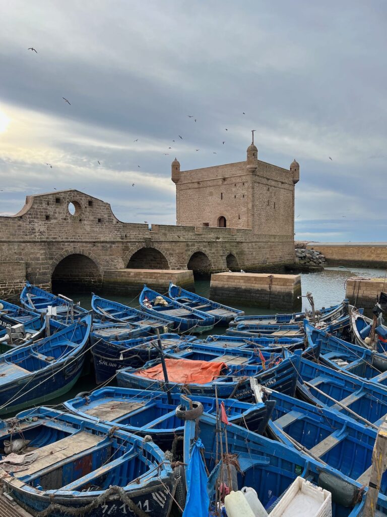 famous blue boats at essaouira port with city walls behind