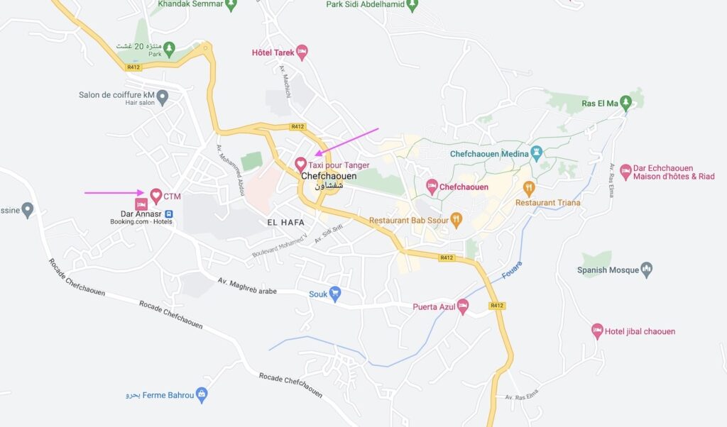 how to get to chefchaouen, map to the chefchaouen taxi and bus stations